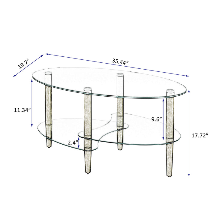 Transparent Oval glass coffee table, modern table in living room Oak wood leg tea table 3-layer  glass table