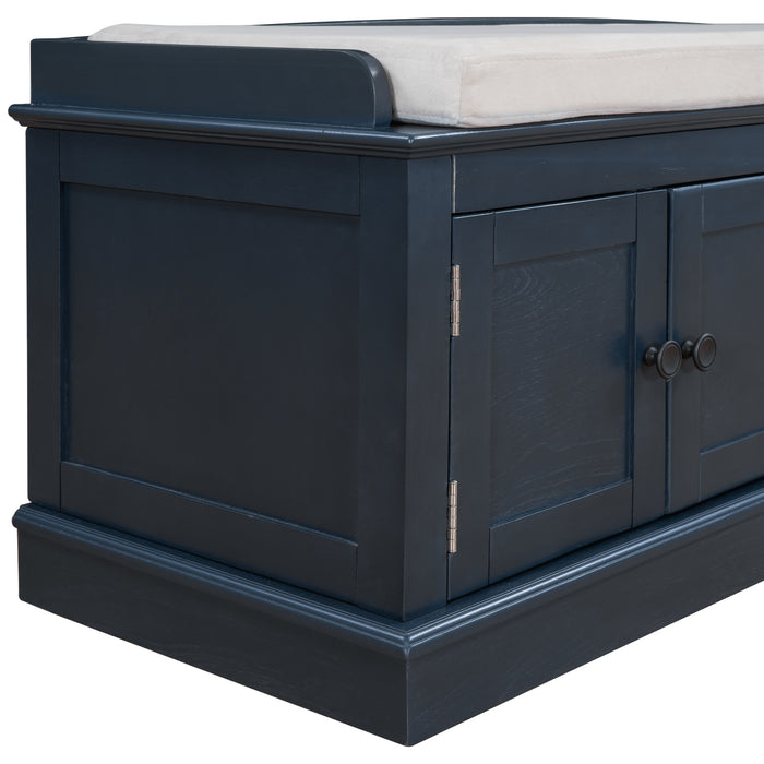 TREXM Storage Bench with 4 Doors and Adjustable Shelves, Shoe Bench with Removable Cushion for Living Room, Entryway (Antique Navy)