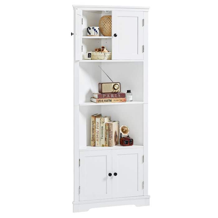 Tall Bathroom Storage Cabinet, Corner Cabinet with Doors and Adjustable Shelf, MDF Board, White