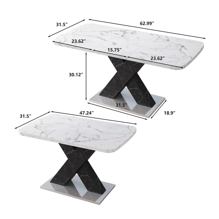 Modern Square Dining Table, Stretchable, White Marble Table Top+MDF Black X-Shape Table Leg with Metal Base