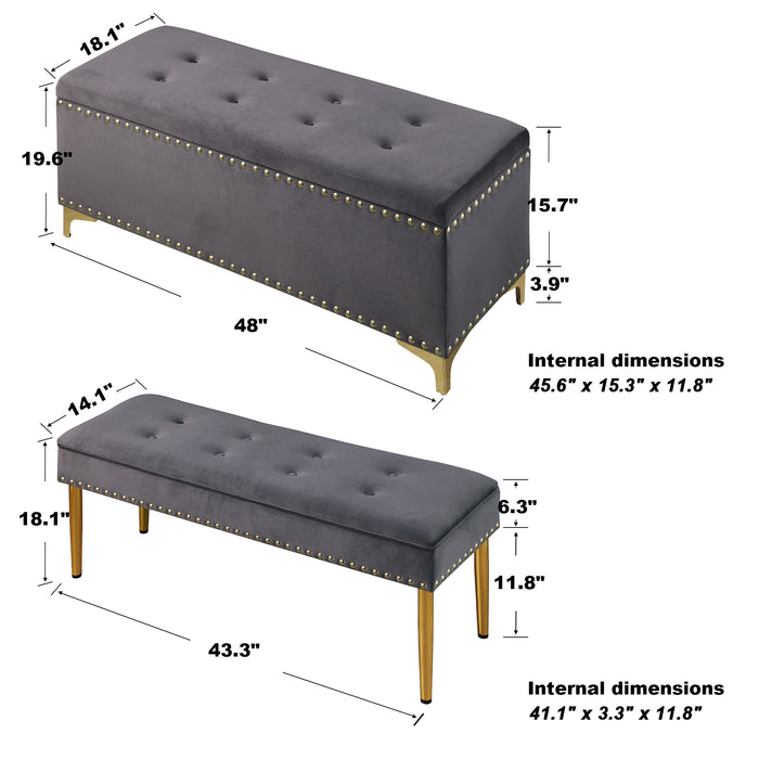 Large Storage Benches Set, Nailhead Trim 2 in 1 Combination Benches, Tufted Velvet Benches with Gold Leg for Living Room, Entryway, Hallway,  Bedroom, Grey; Support 250 lbs