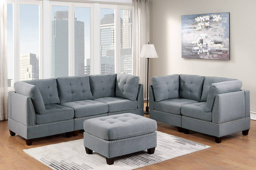 6-Piece Modular Sofa Set, Linen-Like Fabric, Tufted Couch, Nailheads - Living Room Furniture with 4x Corner Wedge, 1x Armless Chair, 1x Ottoman, Gray