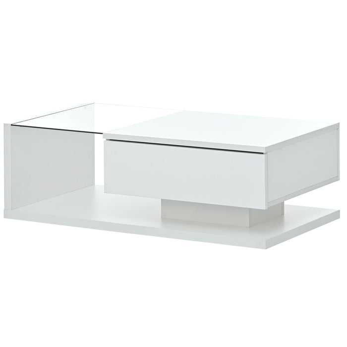 [VIDEO provided] ON-TREND Modern Coffee Table with Tempered Glass, Wooden Cocktail Table with High-gloss UV Surface, Modernist 2-Tier Rectangle Center Table for Living Room, White