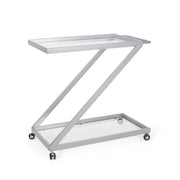 Modern Z-Shaped Bar Cart with Tempered Glass Shelves in Silver Glass+Metal Glass House Furnishings