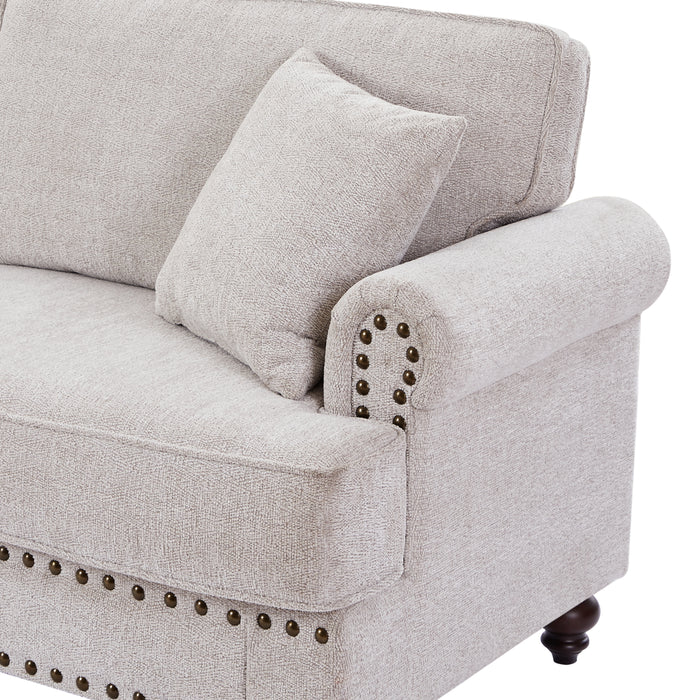 Modern Chenille Upholstered 2-Seater Sofa With Nails & Armrests, White