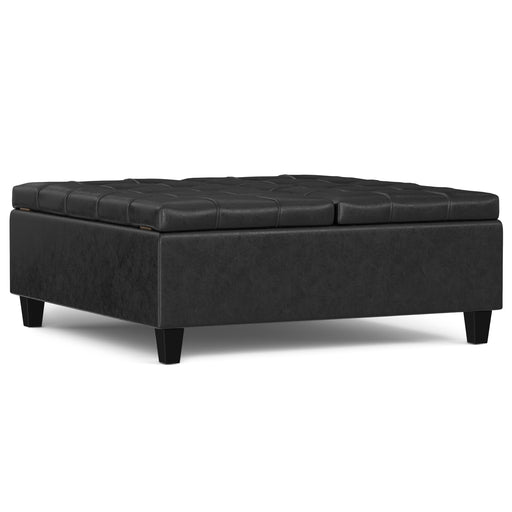 Harrison Distressed Black Vegan Leather Coffee Table Storage Ottoman Glass House Furnishings