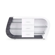 Modern Anne Buffet Cabinet with Storage Shelves and Drawers in Grey and White MDF and Steel Glass House Furnishings