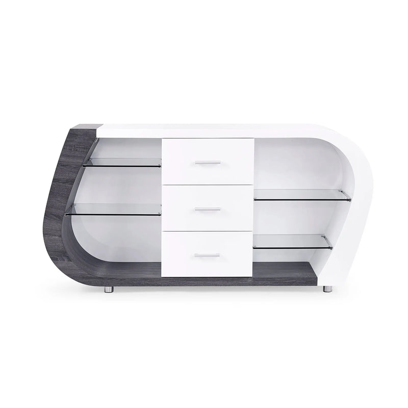 Modern Anne Buffet Cabinet with Storage Shelves and Drawers in Grey and White MDF and Steel Glass House Furnishings