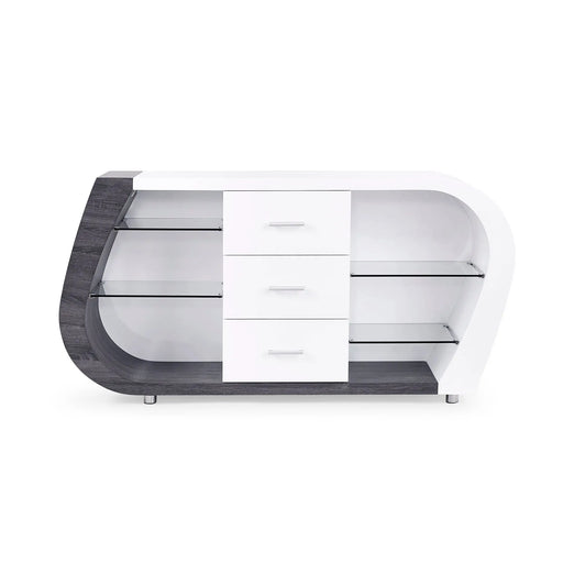 Modern Anne Buffet Cabinet with Storage Shelves and Drawers in Grey and White MDF and Steel Glass House Furnishings