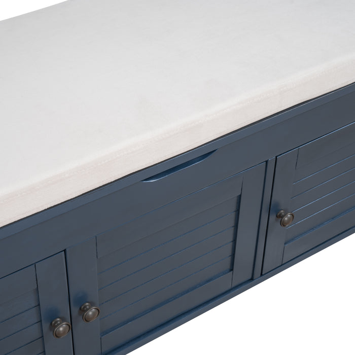 TREXM Storage Bench with 3 Shutter-shaped Doors, Shoe Bench with Removable Cushion and Hidden Storage Space (Antique Navy, OLD SKU: WF284226AAM)