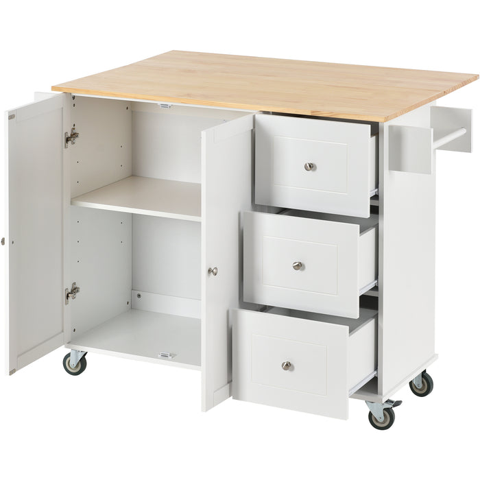 Rolling Mobile Kitchen Island with Solid Wood Top and Locking Wheels, 52.7 Inch Width, Storage Cabinet and Drop Leaf Breakfast Bar, Spice Rack, Towel Rack & Drawer, White