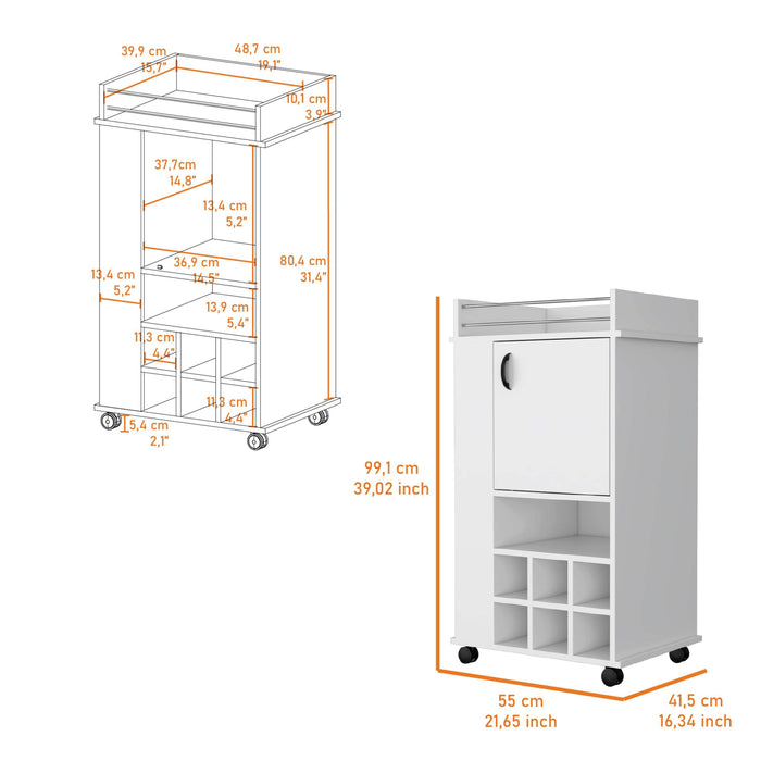 Allandale 1-Door Bar Cart With Wine Rack & Casters White