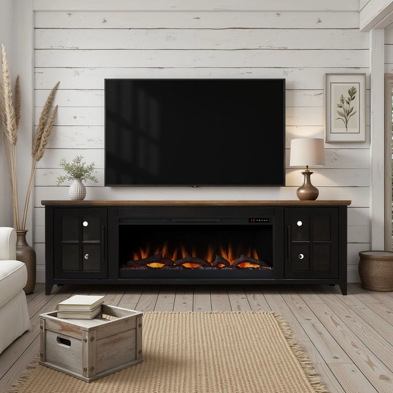 Providence 83 inch Fireplace TV Stand, For TVs up to 95 inches, Minimal Assembly Required, Black and Bourbon Finish Glass House Furnishings