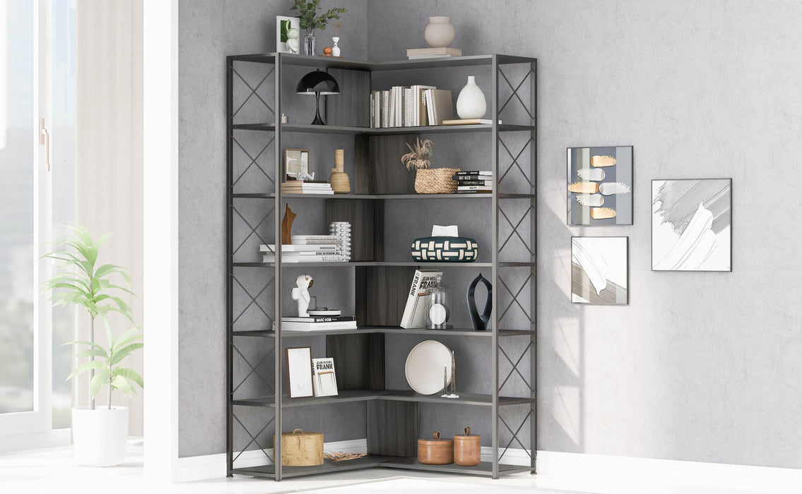 7-Tier L-Shaped Corner Bookcase, Industrial Style with Metal Frame and Open Storage Shelves, Perfect for Home Office - MDF Board, Silver + Grey