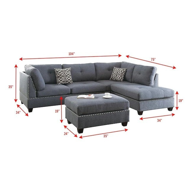 3-Pc Sectional Sofa with Blue Grey Polyfiber Chaise Ottoman & Pillows