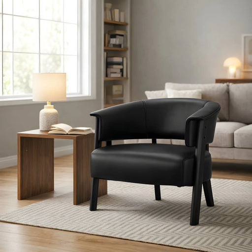 Faux Leather Wingback Accent Chair, Wrap-Around Back Upholstered Armchair, Comfy Fabric Wingback Arms Chairs with Solid Wood Legs, Single Sofa Reading Chair for Bedroom Living Room, Black Glass House Furnishings