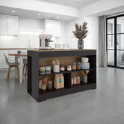 Makoti Kitchen Island 34', 3 Spacious Open Shelves, Black Wengue / Natural Oak Glass House Furnishings