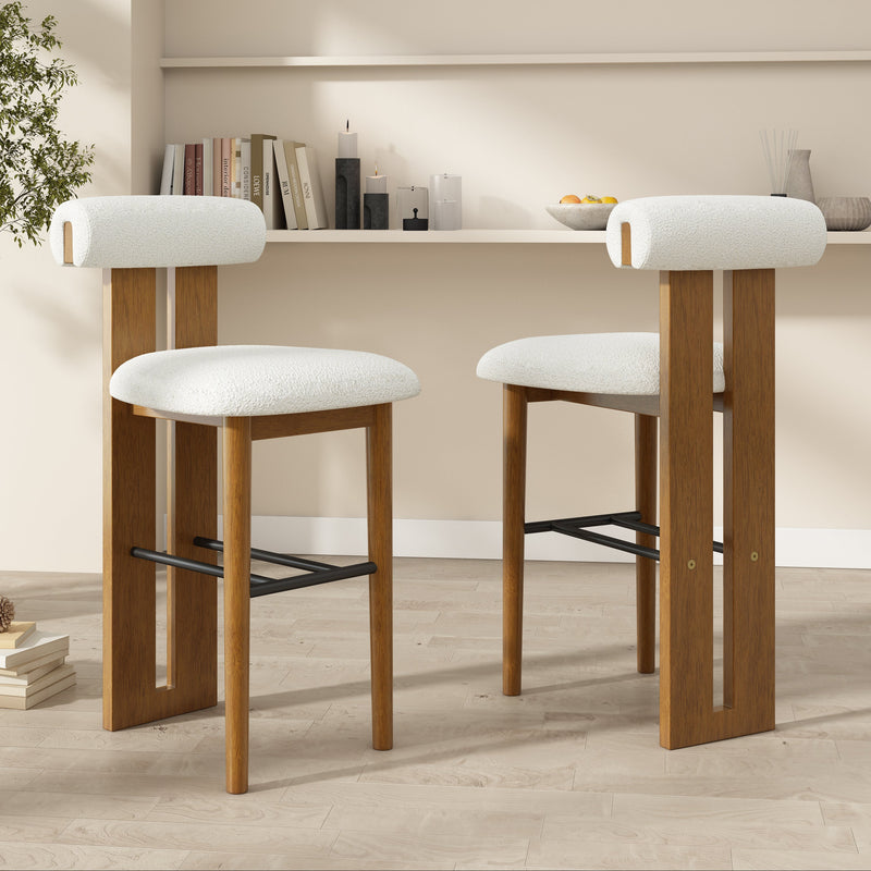 Renee Indoor Wooden Upholstered Barstool, Walnut Finished and White Upholstery, Set of 2 Glass House Furnishings
