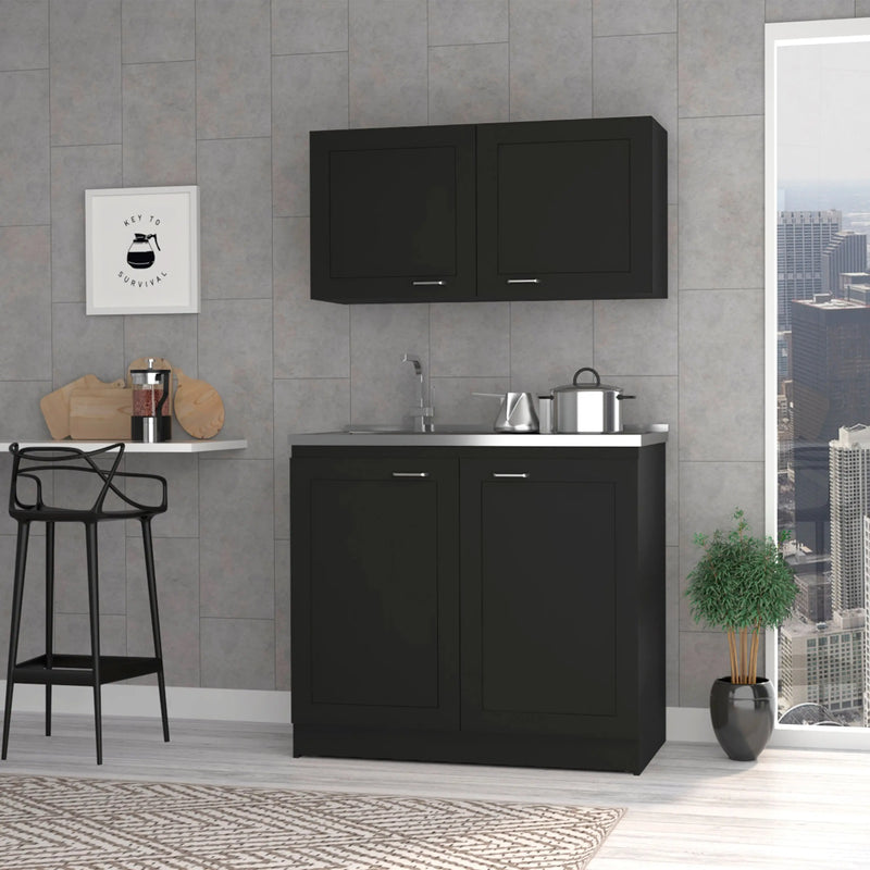 Zurich Cabinet Set, Two Shelves Black Glass House Furnishings