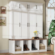 Camden White Farmhouse Hall Tree with Walnut Bench and Shoe Storage Glass House Furnishings
