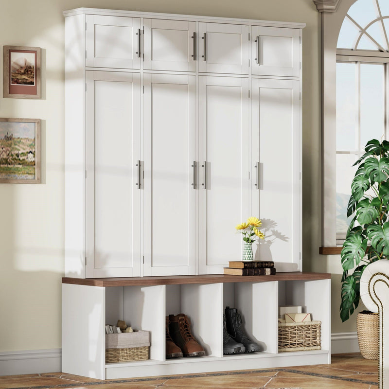 Camden White Farmhouse Hall Tree with Walnut Bench and Shoe Storage Glass House Furnishings