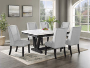 7pc Dining Set Contemporary Style White Faux Marble Rectangular Table Top Dove Gray Upholstery Chairs Nailhead Tufted Black Finish Wooden Solid Wood Dining Room Furniture Glass House Furnishings