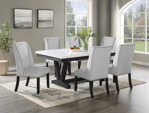7pc Dining Set Contemporary Style White Faux Marble Rectangular Table Top Dove Gray Upholstery Chairs Nailhead Tufted Black Finish Wooden Solid Wood Dining Room Furniture Glass House Furnishings