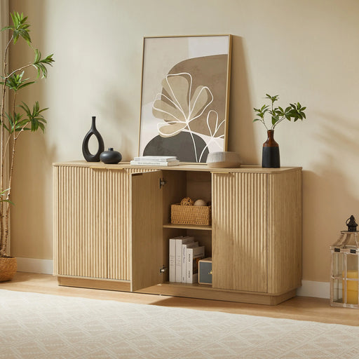 63' Vertical Stripe Buffet Cabinet Sideboard with stoarge, Curved wave Design, TV Stand, for Bedroom, Living Room, Hallway, Oak,63''W x 15.75''D x 31.5''H. Glass House Furnishings