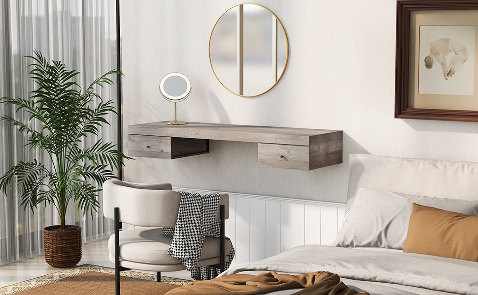 GO 47.2" Wall-mounted Vanity Desk, Floating Vanity Shelf with Drawers, Dressing Table With Wooden Sticker,Computer Table Desk, Home Office Desk, Log Gray