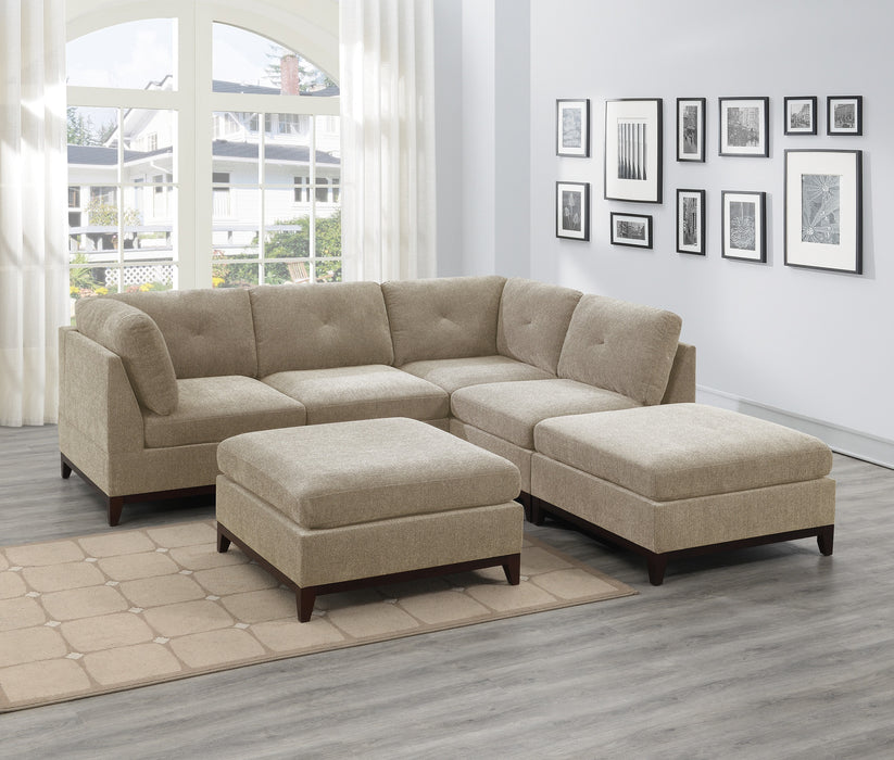 Camel Chenille Fabric Modular Sectional 6pc Set Living Room Furniture Corner L-Sectional Couch 2x Corner Wedge 2x Armless Chairs and 2x Ottomans Tufted Back Exposed Wooden Base