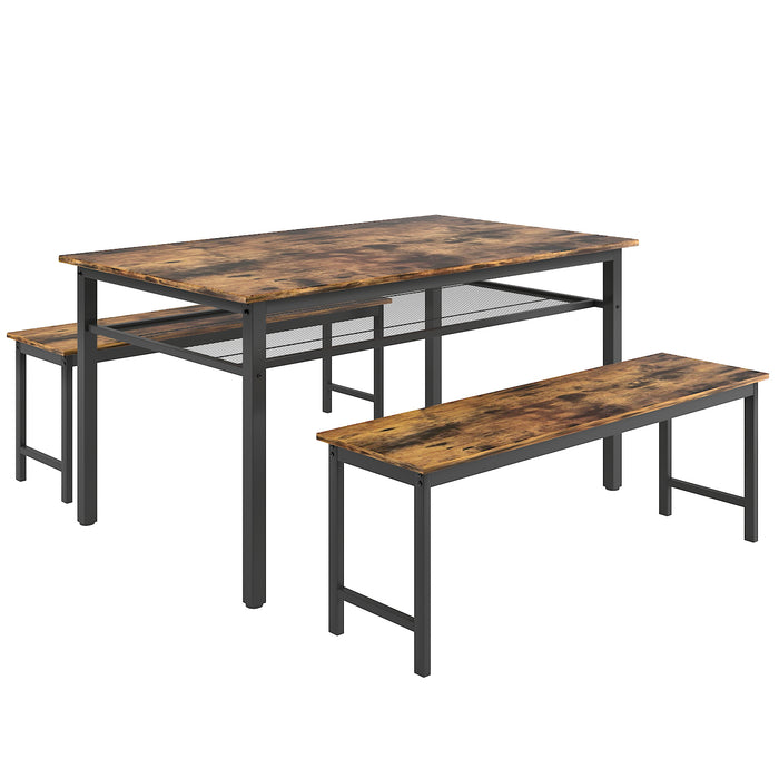 3 Pieces Farmhouse Kitchen Table Set with Two Benches, Brown