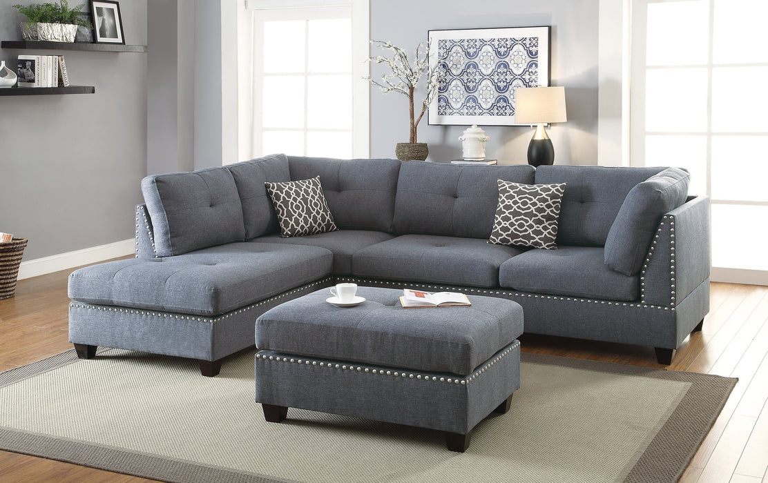 3-Pc Sectional Sofa with Blue Grey Polyfiber Chaise Ottoman & Pillows