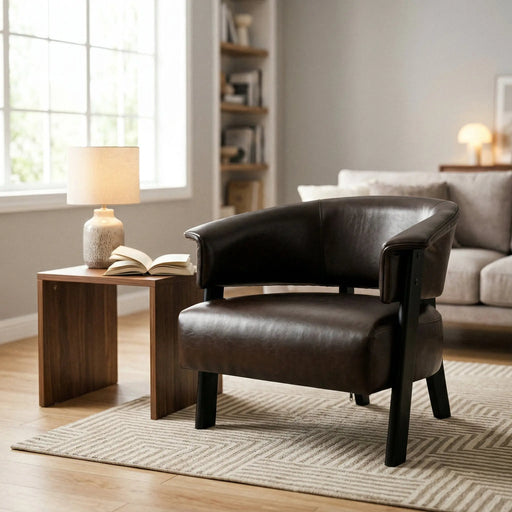 Faux Leather Wingback Accent Chair, Wrap-Around Back Upholstered Armchair, Comfy Fabric Wingback Arms Chairs with Solid Wood Legs, Single Sofa Reading Chair for Bedroom Living Room, Brown Glass House Furnishings