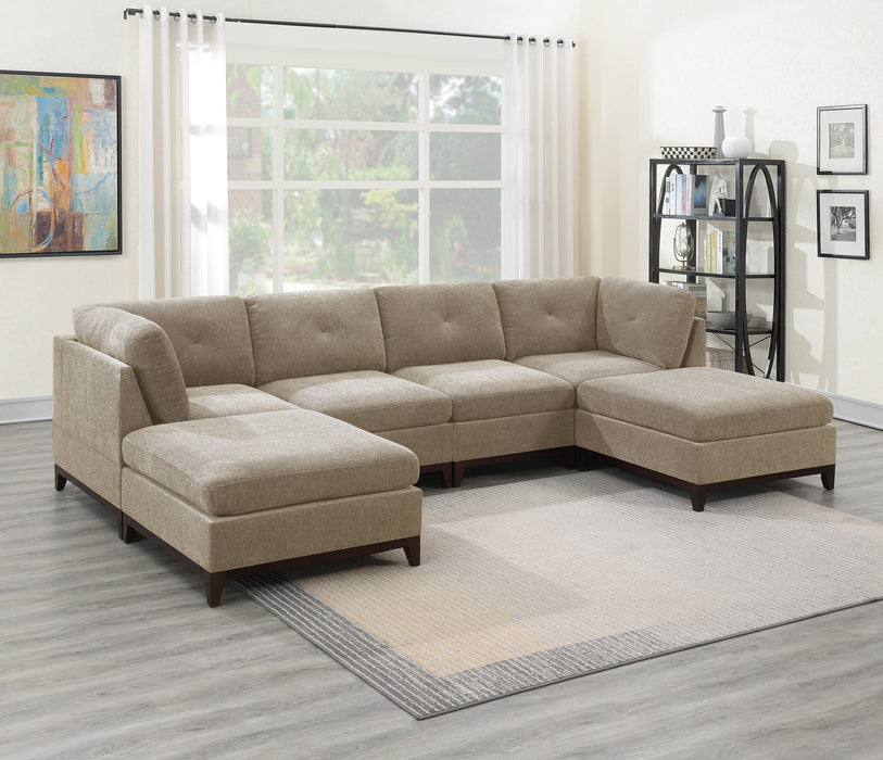 Camel Chenille Fabric Modular Sectional 6pc Set Living Room Furniture U-Sectional Couch 2x Corner Wedge 2x Armless Chairs and 2x Ottomans Tufted Back Exposed Wooden Base