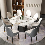 59.05' Round Marble Dining Table with Black Iron Metal Base with 8 Dinning Chairs, 31.5'White Artificial Stone Turntable,White Glass House Furnishings