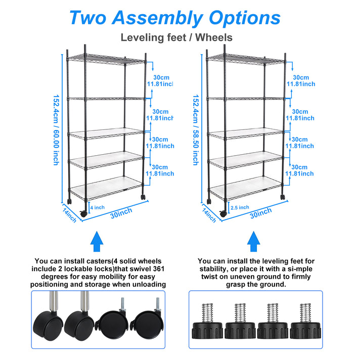 5 Tier Shelf Wire Shelving Unit, NSF Heavy Duty Wire Shelf Metal Large Storage Shelves Height Adjustable Utility for Garage Kitchen Office Commercial Shelving Steel Layer Shelf - Black