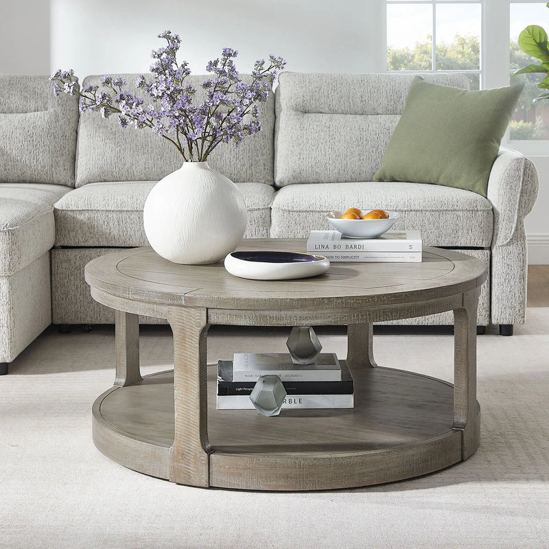 40inch Large Curved 2 Tier Traditional Round Circle Wooden Center Coffee Table,Rounded Table with Wheels,Mid Century Rustic Style Table for living Room,Office,Apartment,Light Brown Glass House Furnishings
