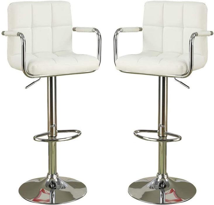 Set of 2 Faux Leather Bar Stool Counter Height Chairs - Adjustable Kitchen Island Stools with Armrests, White