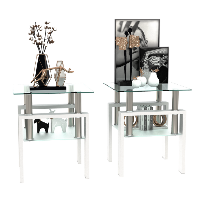 Set of 2, Modern Tempered Glass Tea Table Coffee Table End Table, Square Table for Living Room, Transparent/White