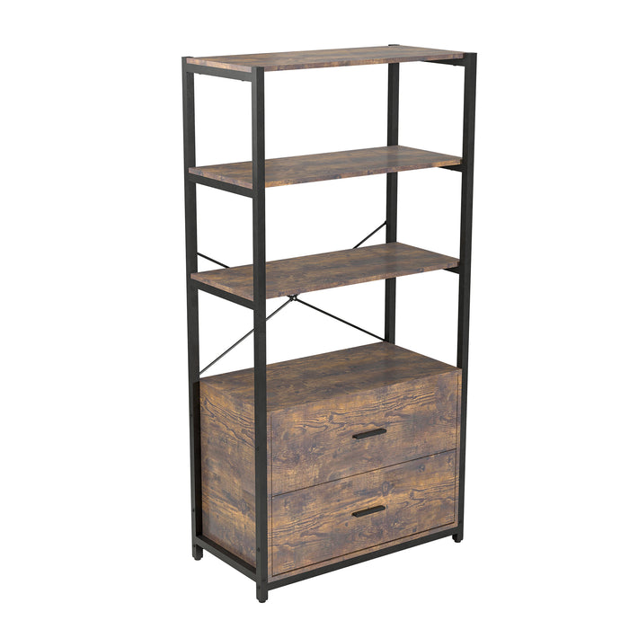 Industrial Bookcase with File Cabinet Drawers, 62.7 in Tall Bookshelf 4 Tier, Freestanding Storage Home Office Cabinet Organizer, Rustic Home Decor, Vintage Brown