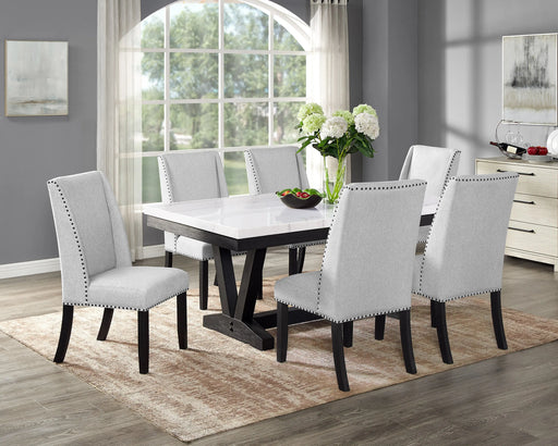 7pc Dining Set Contemporary Style White Genuine Marble Rectangular Table Top Dove Gray Upholstery Chairs Nailhead Tufted Black Finish Wooden Solid Wood Dining Room Furniture Glass House Furnishings