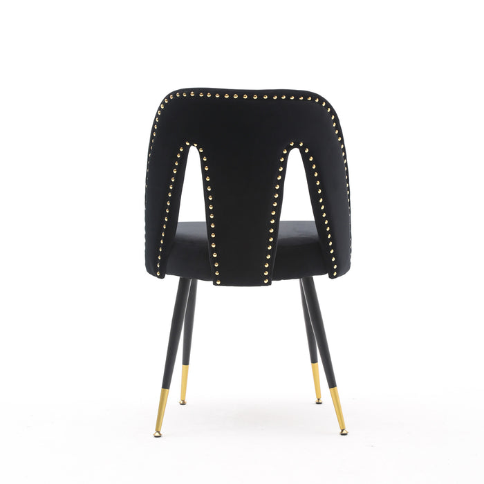 Set of 2 Modern Velvet Upholstered Dining Chairs With Nailheads & Gold Tipped Black Metal Legs, Black