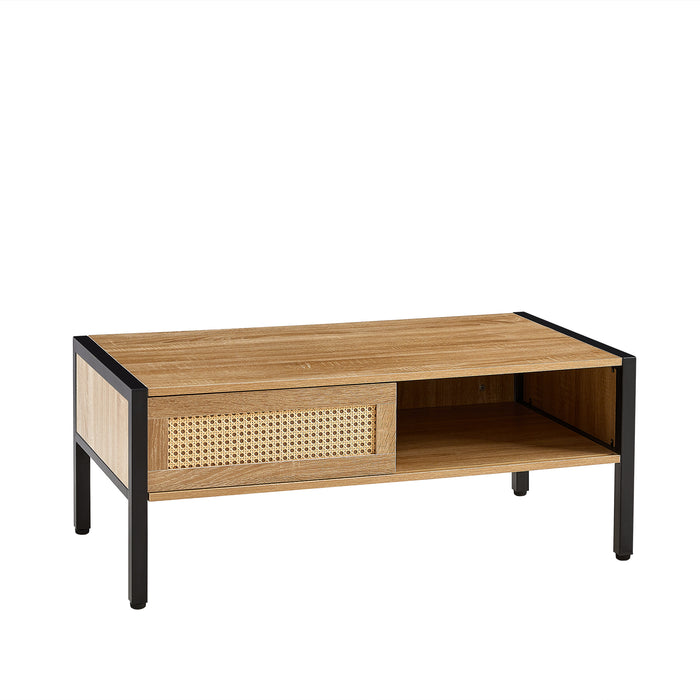 40.16" Rattan Coffee table, sliding door for storage, metal legs, Modern table  for living room , natural