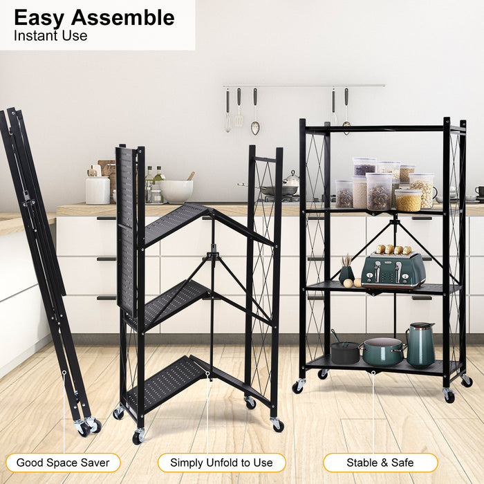 HealSmart 4-Tier Heavy Duty Foldable Metal Rack Storage Shelving Unit with Wheels - Easy Moving Organizer Shelves for Garage & Kitchen - Holds up to 1000 Ibs Capacity, Black