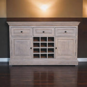 Solid Wood Acid Wash Wine Storage Unit, 3-Drawers, 4-Shelves, Bottle Storage, White Glass House Furnishings