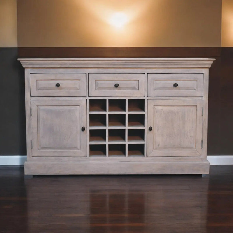 Solid Wood Acid Wash Wine Storage Unit, 3-Drawers, 4-Shelves, Bottle Storage, White Glass House Furnishings