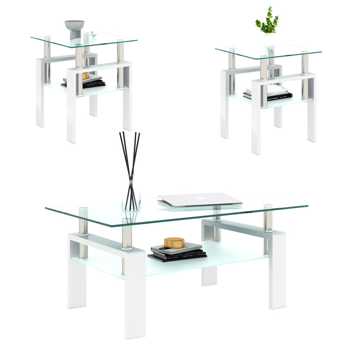 Set of 2, Modern Tempered Glass Tea Table Coffee Table End Table, Square Table for Living Room, Transparent/White