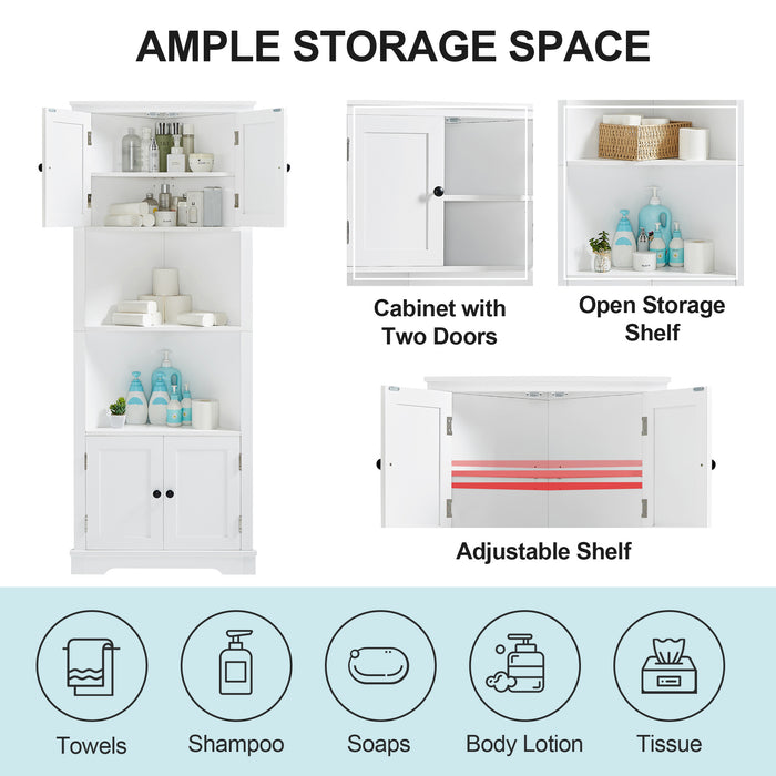 Tall Bathroom Storage Cabinet, Corner Cabinet with Doors and Adjustable Shelf, MDF Board, White