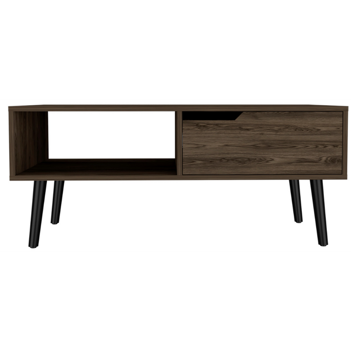 Oslo Coffee Table with One Drawer, One Open Shelf and Four Legs, Dark Walnut