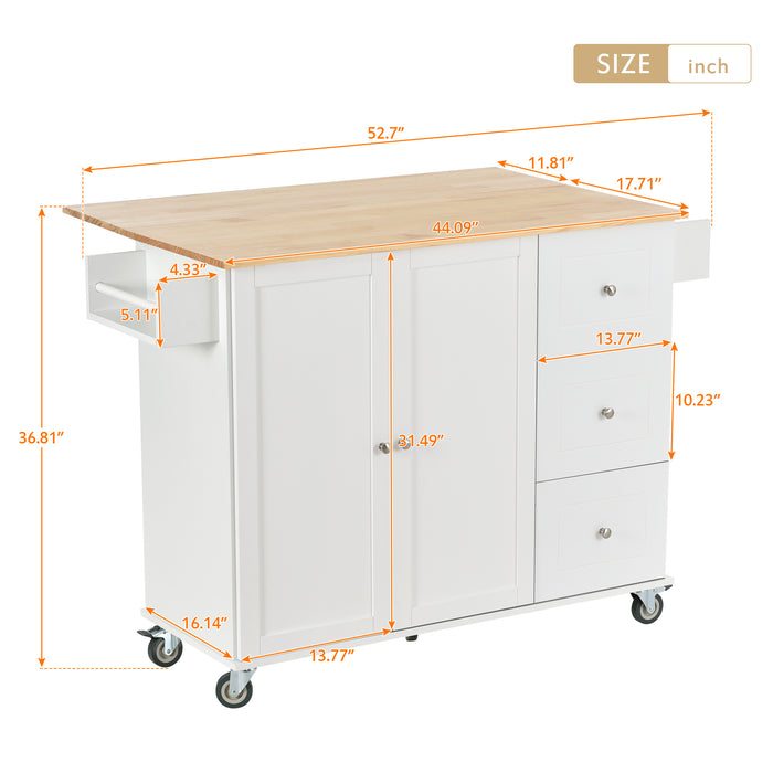 Rolling Mobile Kitchen Island with Solid Wood Top and Locking Wheels, 52.7 Inch Width, Storage Cabinet and Drop Leaf Breakfast Bar, Spice Rack, Towel Rack & Drawer, White